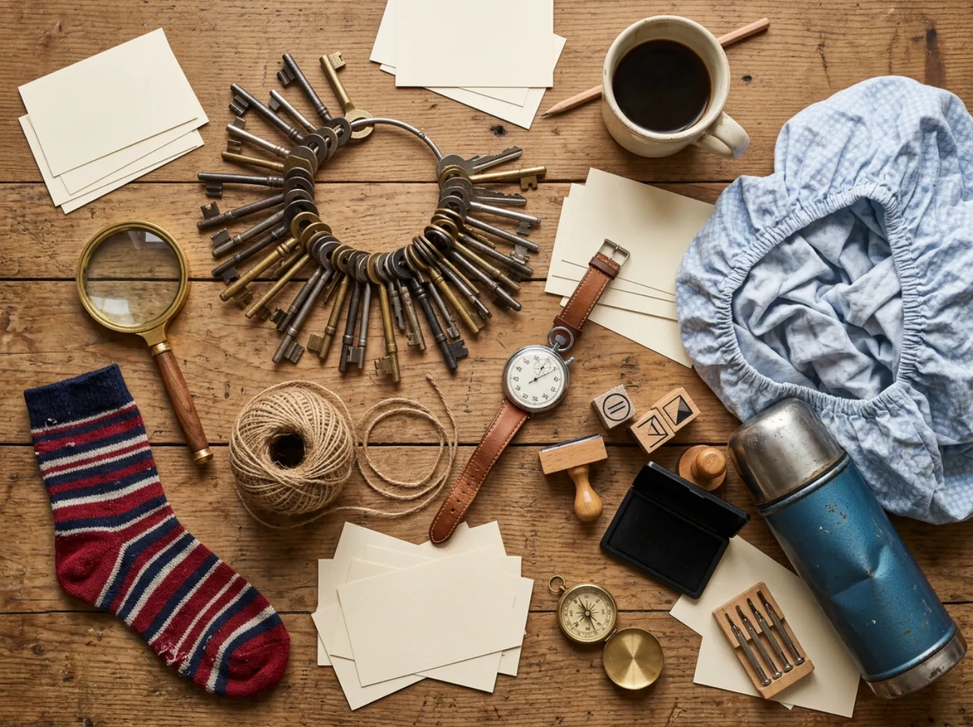 A wooden desk seen from above: a huge ring of keys, a magnifying glass, a striped single sock, a ball of twine, a wristwatch, rubber stamps and an ink pad, a crumpled fitted sheet, a blue thermos, blank index cards and a coffee.